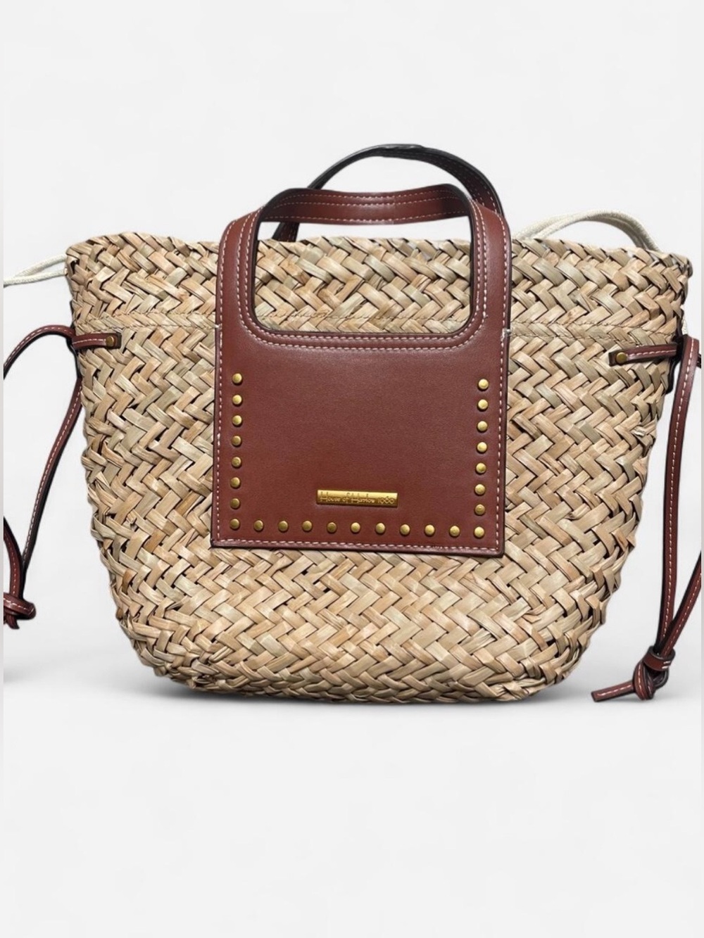 House of Harlow Woven Straw Tote with Brown Leather Accents